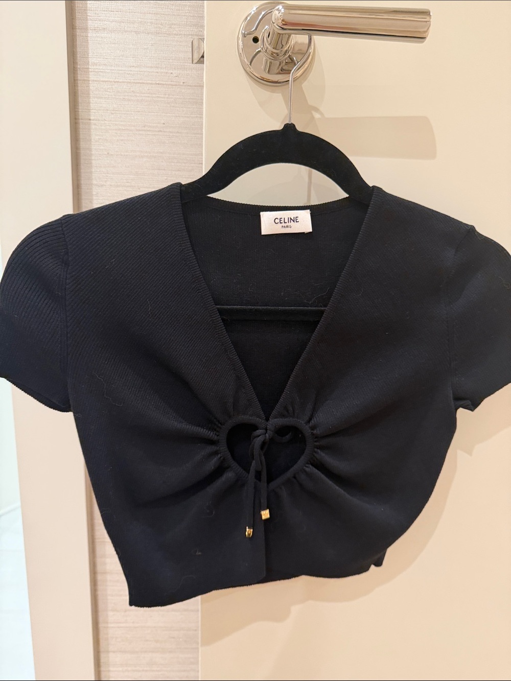 CELINE Black Short Sleeve Crop Top with Heart Cutout